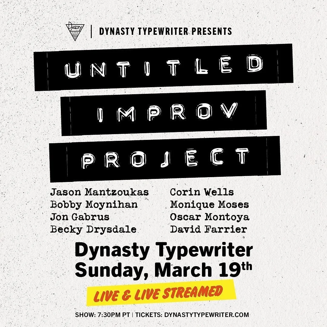 “This Sunday @ 7:30 come see the weekly improv show so flarpin’ good it eschews a title, instead choosing to put that naming-energy into slayyyyin’ a show. UNTITLED IMPROV PROJECT 
Guests: 
JASON MANTZOUKAS
BOBBY MOYNIHAN
JON GABRU