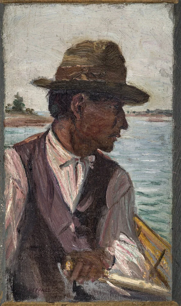 Portrait of a Man in a Rowboat (Possible Portrait of Tom Thomson) oil on board circa 1910 ~ 1912