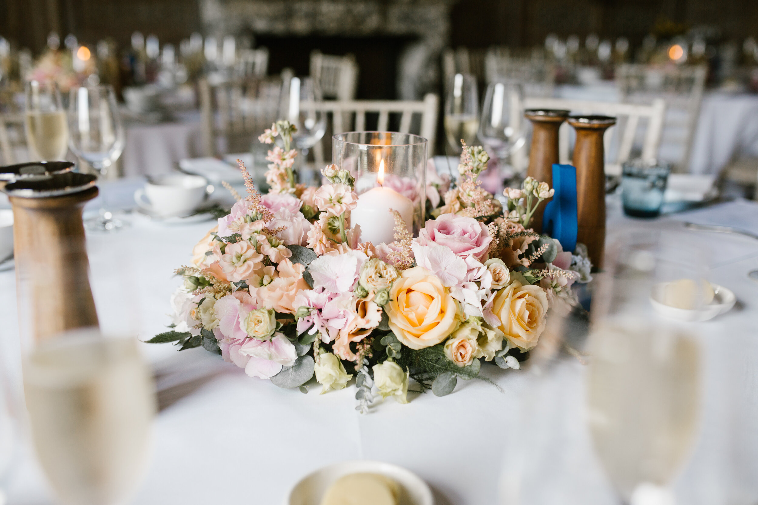 detail shot of the table centre pieces at cowley manor