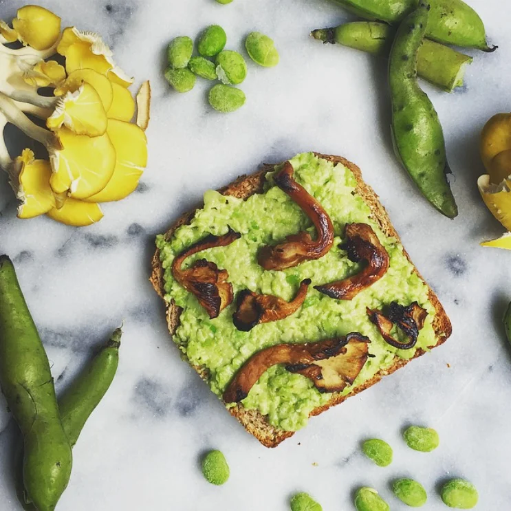 Fava Bean &amp; Edamame Spread with "Bacon" Mushrooms