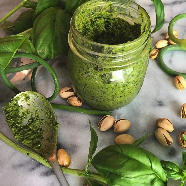 Basil, Garlic Scape, and Pistachio Pesto
