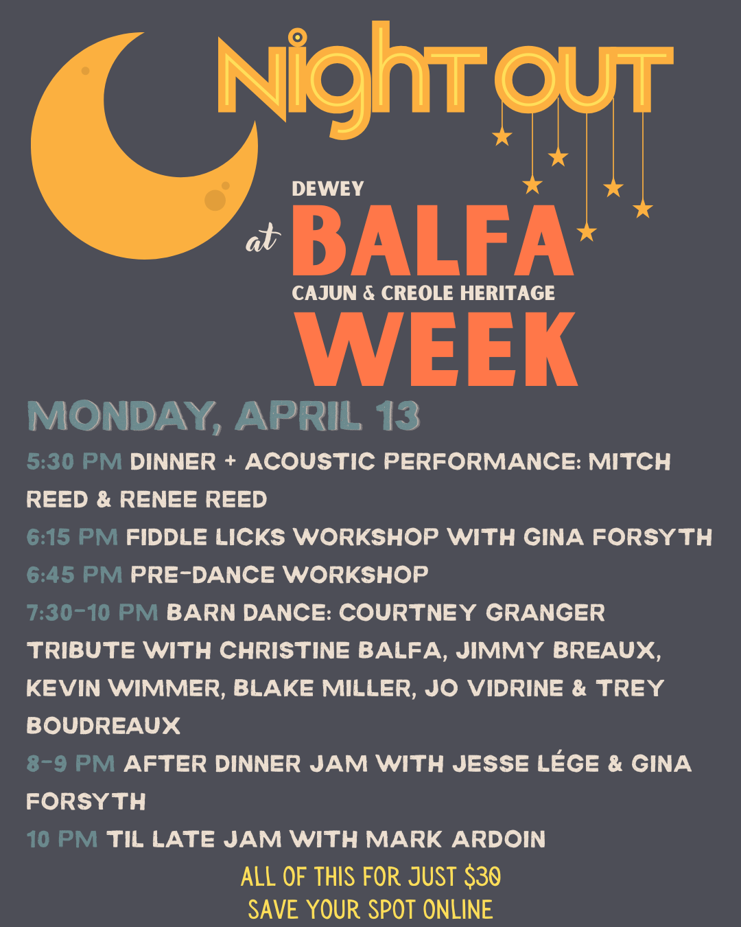 Night Out at Balfa Week Monday 4/13/26