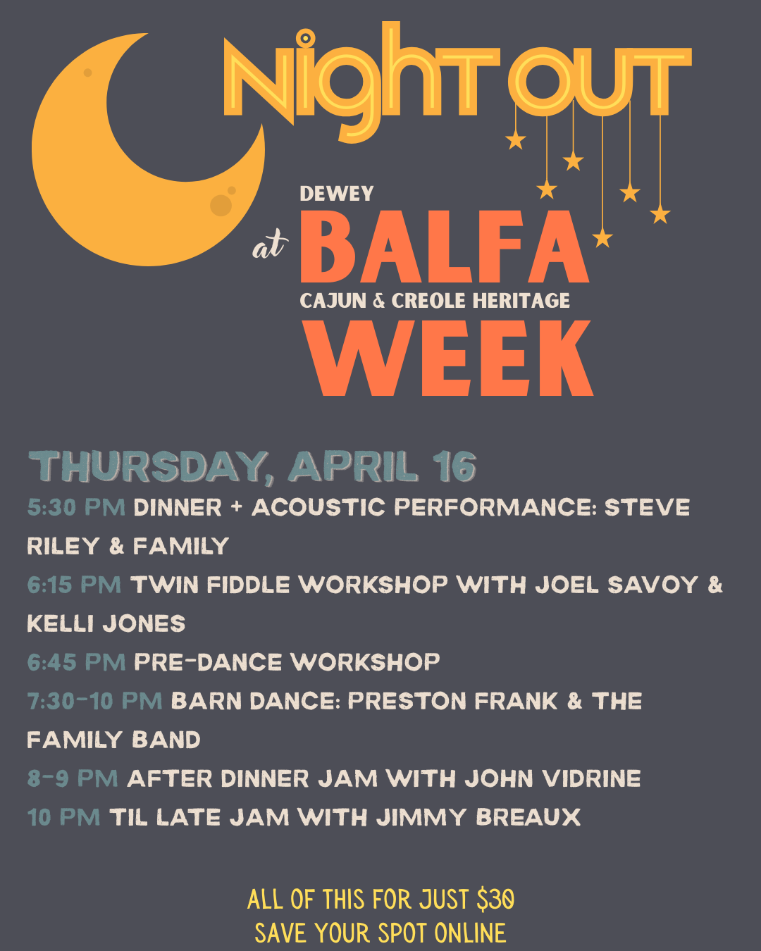 Night Out at Balfa Week Thursday 4/16/26