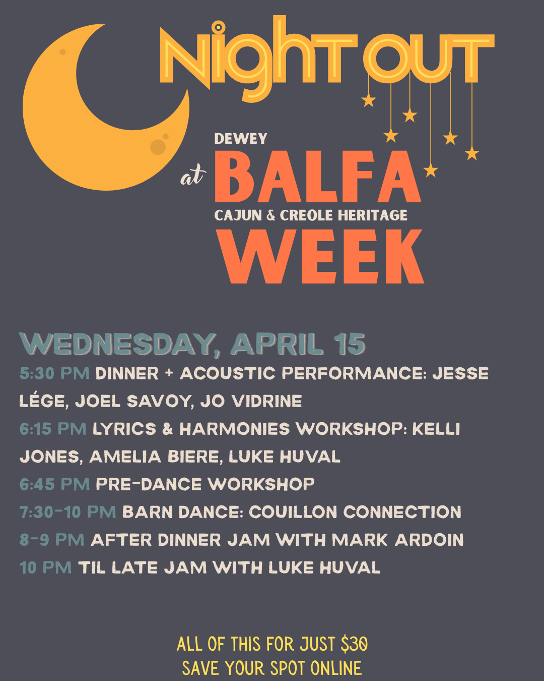 Night Out at Balfa Week Wednesday 4/15/26