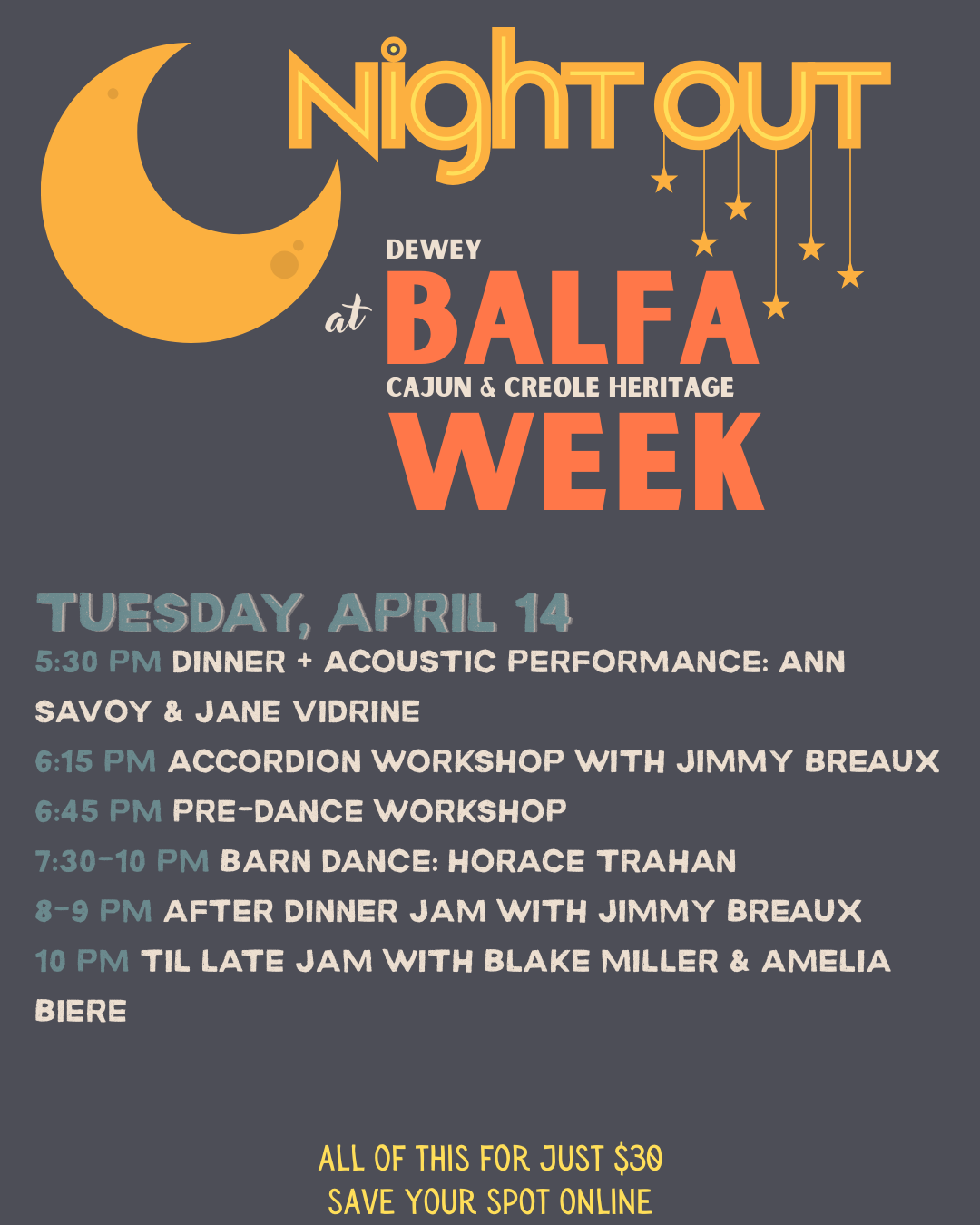 Night Out at Balfa Week Tuesday 4/14/26