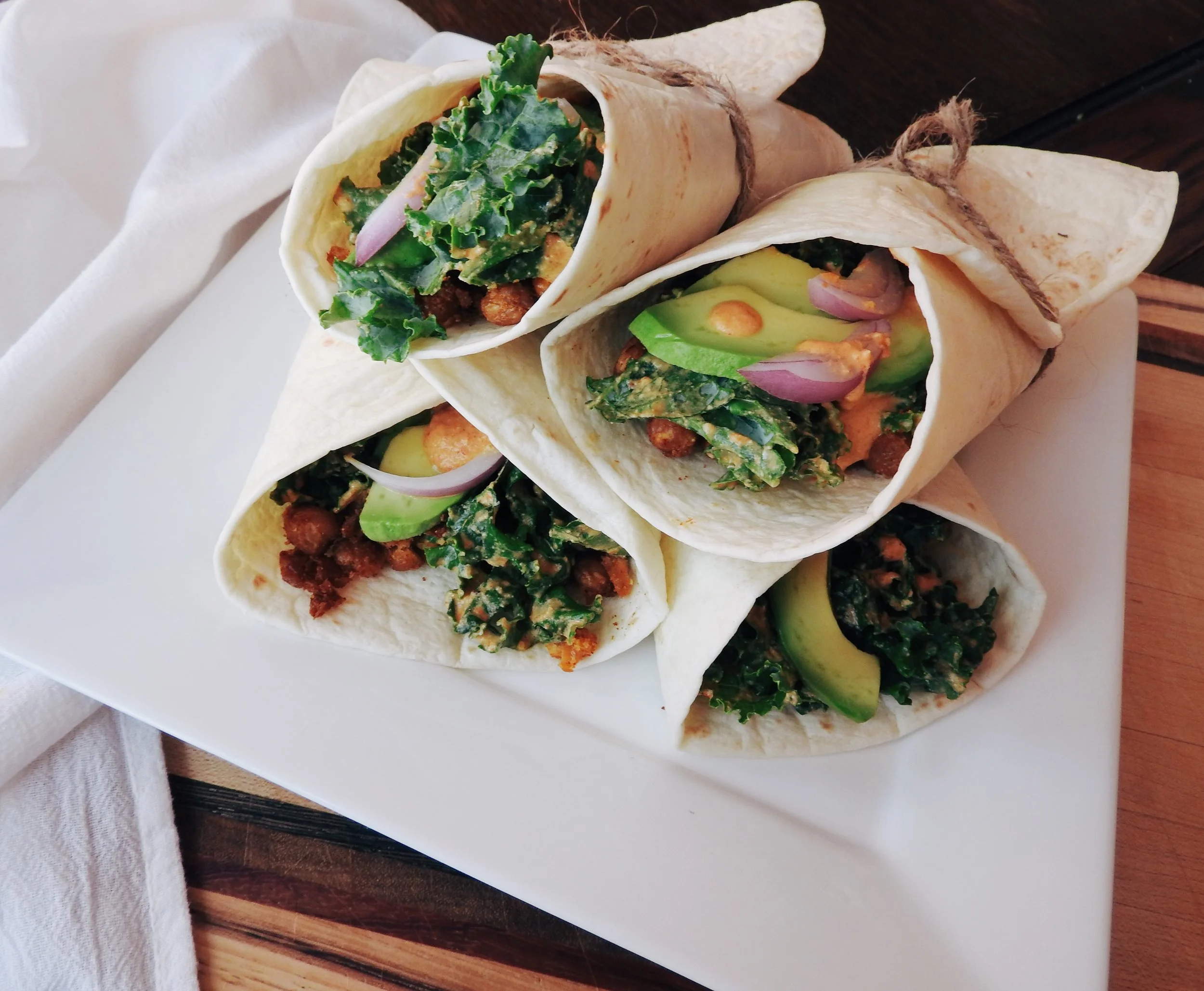 Chickpea and Kale Wraps with Creamy Roasted Red Pepper Dressing