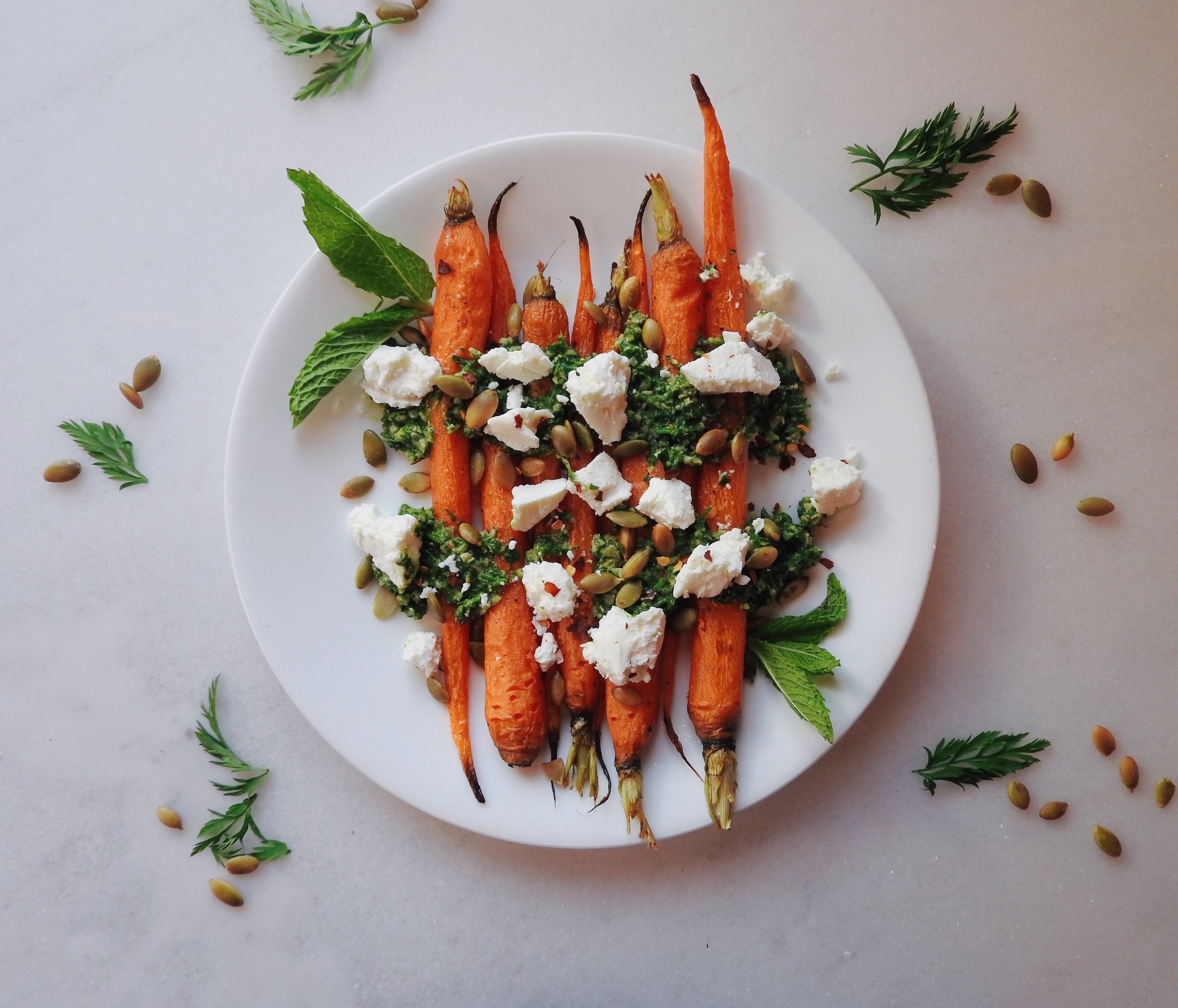 Roasted Carrots with Carrot Top Pumpkin Seed Pesto and Goat Cheese