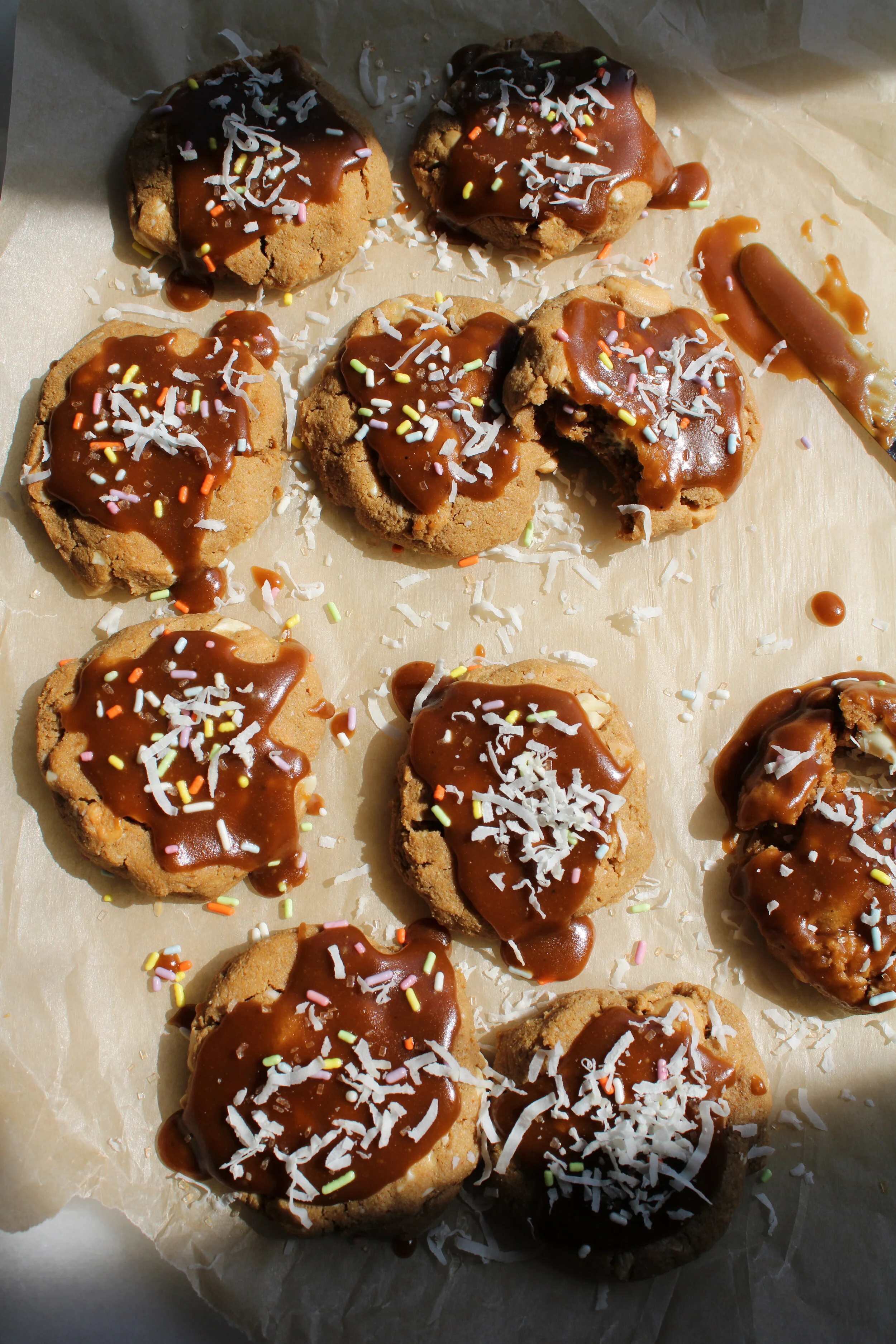 Soft-Baked Cashew Butter White Chocolate Chunk Cookies With Coconut Sugar Caramel Topping