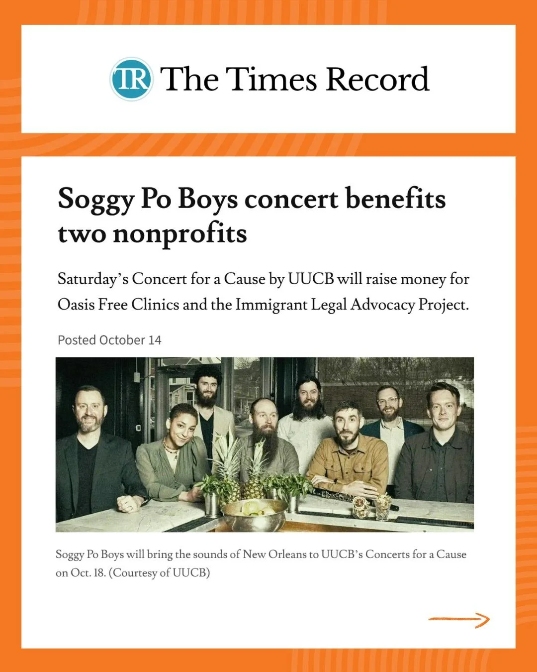 If you're in Brunswick this weekend, come enjoy a night of jazz, soul, and community at the latest installment of UUCB's Concerts for a Cause series:  An Evening of New Orleans Music with SOGGY PO BOYS!
📆 Sat, October 18, 2025 — 7:30 PM
📍  U
