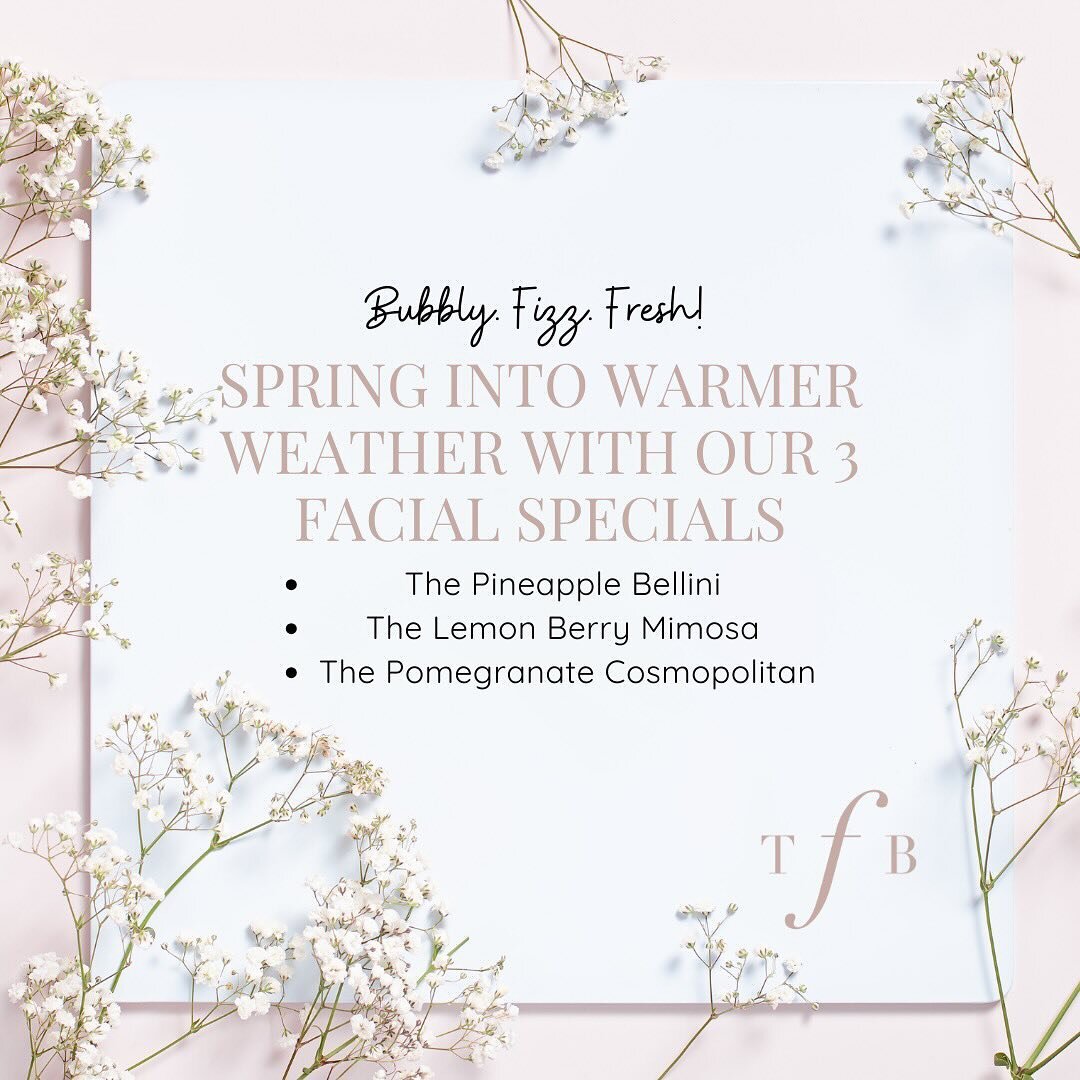 Hello Spring&hellip;Hopefully soon we will get warmer weather but in the meantime, enjoy our Spring Facials🌸 

We are launching three cocktail inspired facials, The Pineapple Bellini, The Lemon Berry Mimosa and The Pomegranate Cosmopolitan🫐🍹🍓All 