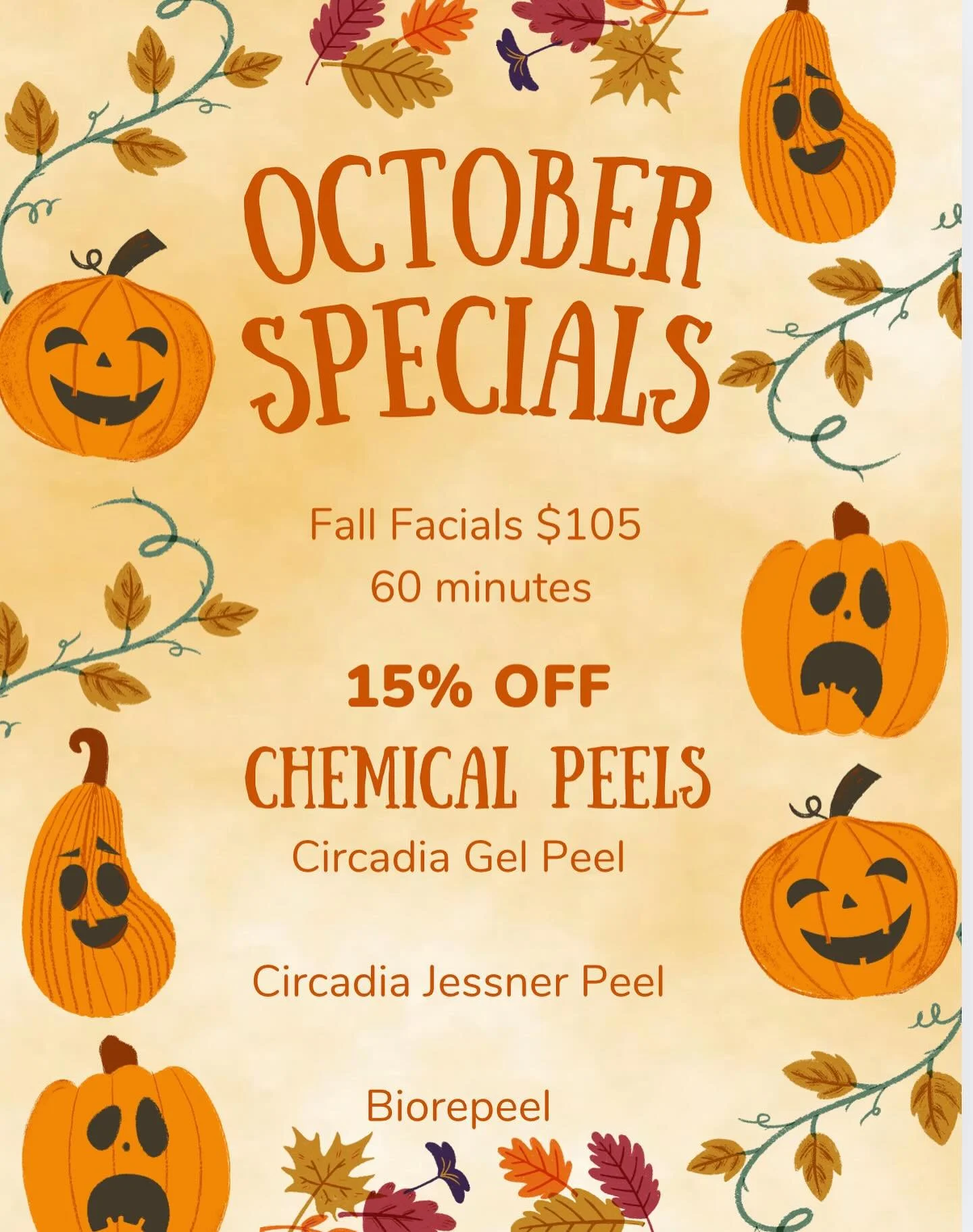 Fall weather = peel weather 🍁 

Refresh, renew, and reveal glowing skin with 15% off peels + cozy Fall Facials only $105

#PeelSeason #FallFacial #GlowingSkin #SkinGoals #FacialTreatment #EstheticianLife #HealthySkinJourney #SelfCareSeason #FallSkin