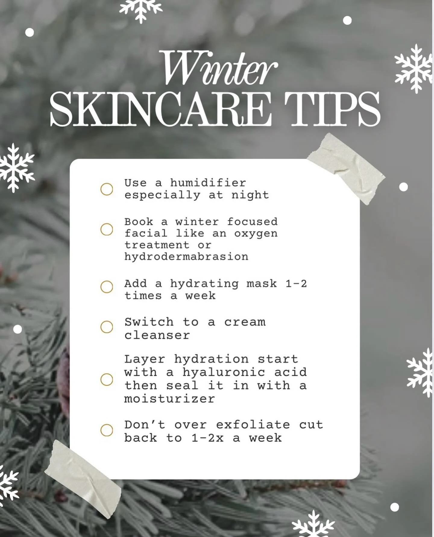 Winter is not the time to neglect your skin ❄️

Hydration, barrier repair, and monthly treatments are key to keeping your glow all season long ✨

Not sure what your skin needs? Let&rsquo;s customize a winter routine for you 🤍
📅 Book your facial at 