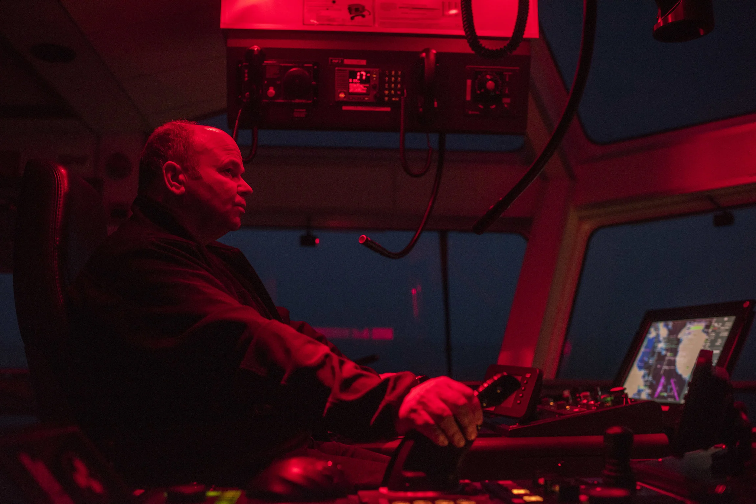  February 5, 2017 - Vancouver, B.C., - Tug boat captain Werner Klein on the evening shift while on escort of the Eser K oil tanker from the Kinder Morgan Westridge Marine Terminal out past Victoria, B.C.. Photo by Jimmy Jeong. 