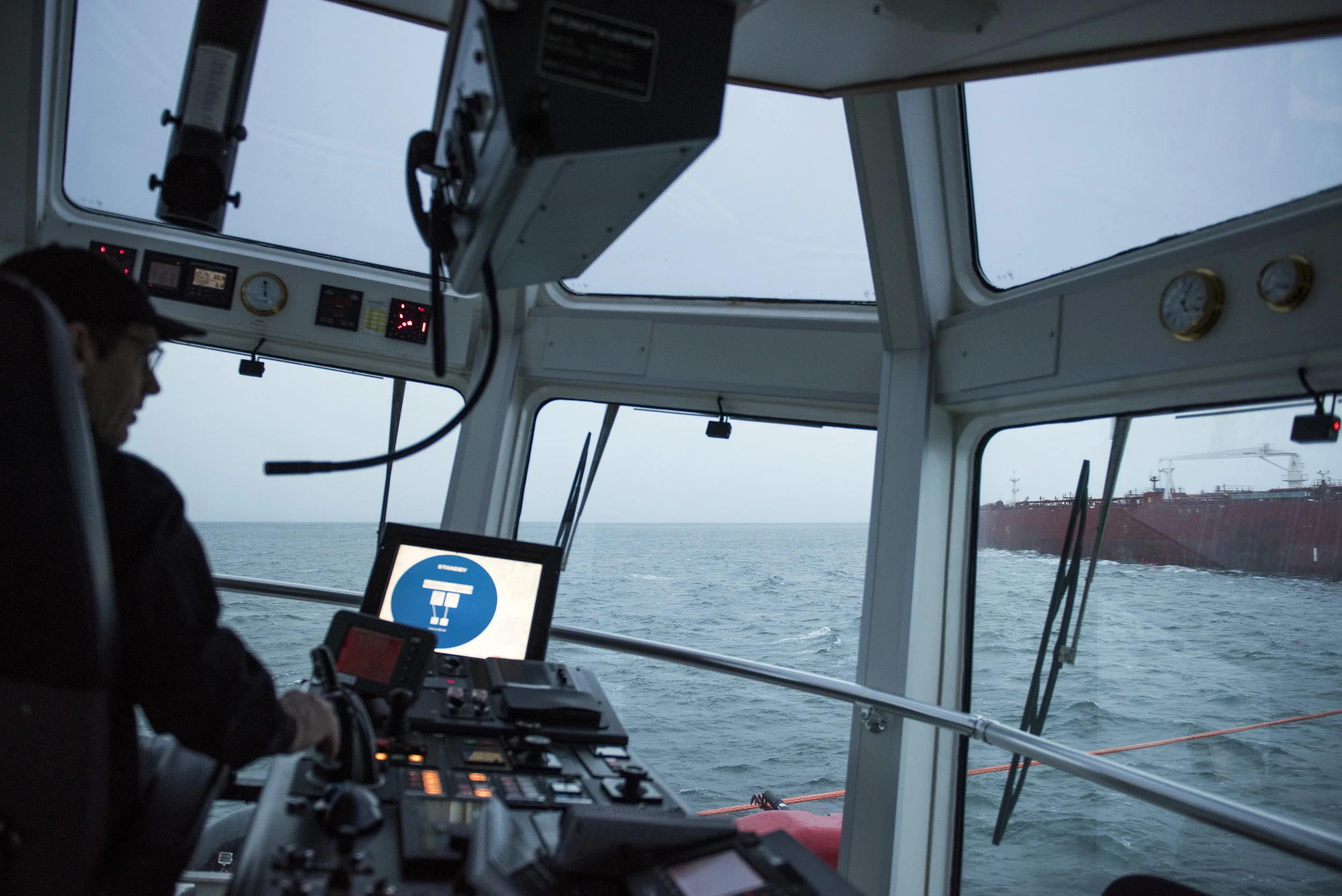  February 5, 2017 - Vancouver, B.C., - Tug boat captain Dave Dawson practicing emergency maneuvers while on escort of the Eser K oil tanker from the Kinder Morgan Westridge Marine Terminal out past Victoria, B.C.. Photo by Jimmy Jeong. 