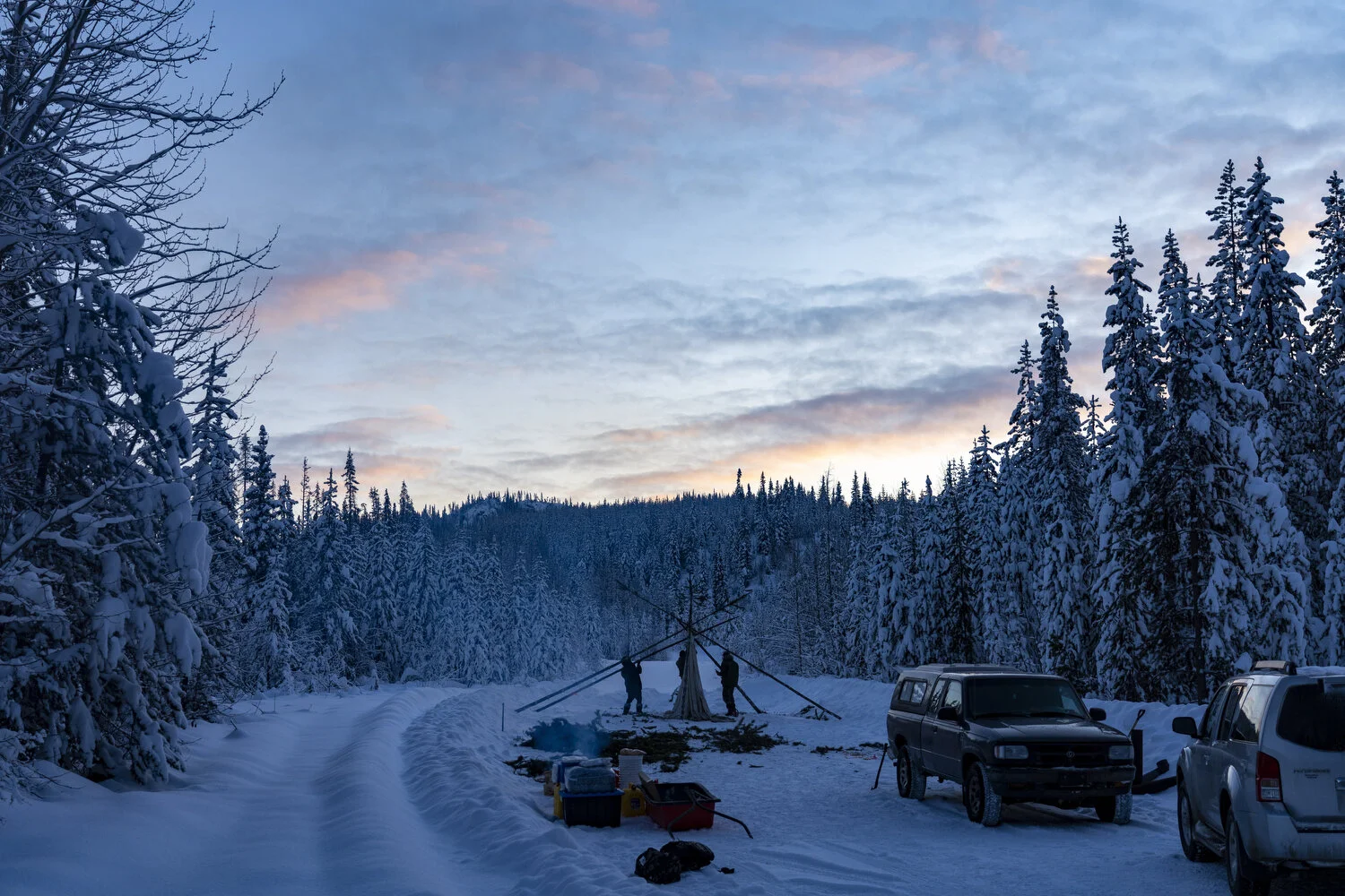  Supporters of the Wet’suwet’en nation cut trees to use for a canvas tent at the support camp on kilometre marker 40 near Houston, B.C., January 8, 2020. Earlier this week eight Wet;suwet’en Nation hereditary chiefs endorsed a letter evicting CGL fro