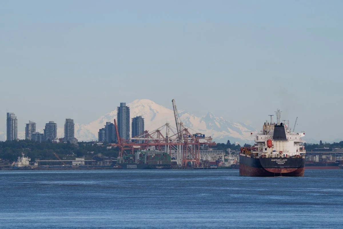  May 28, 2025 - Vancouver, British Columbia - A shipping vessel approaches Vancouver Harbour. Photo by Jimmy Jeong 