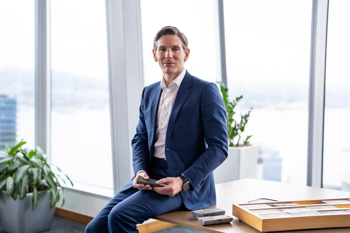  December 9, 2024 - Vancouver, British Columbia - Teck Resources CEO Jonathan Price holds an ore sample while posing for photos at his office. Photo by Jimmy Jeong 
