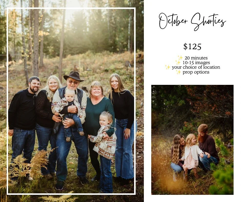🍁Introducing October Shortie Sessions!🎃

Fall is here and to celebrate I wanted to offer something fun, and sometimes a short session is all you need!

These shortie sessions will only be available during the month of October and won&rsquo;t be off
