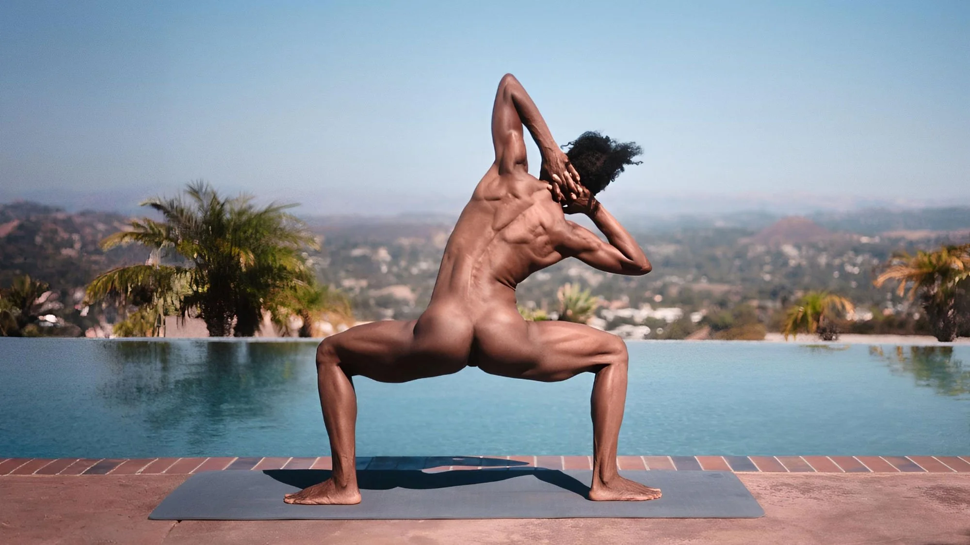 naked woman poolside in goddess pose doing yoga