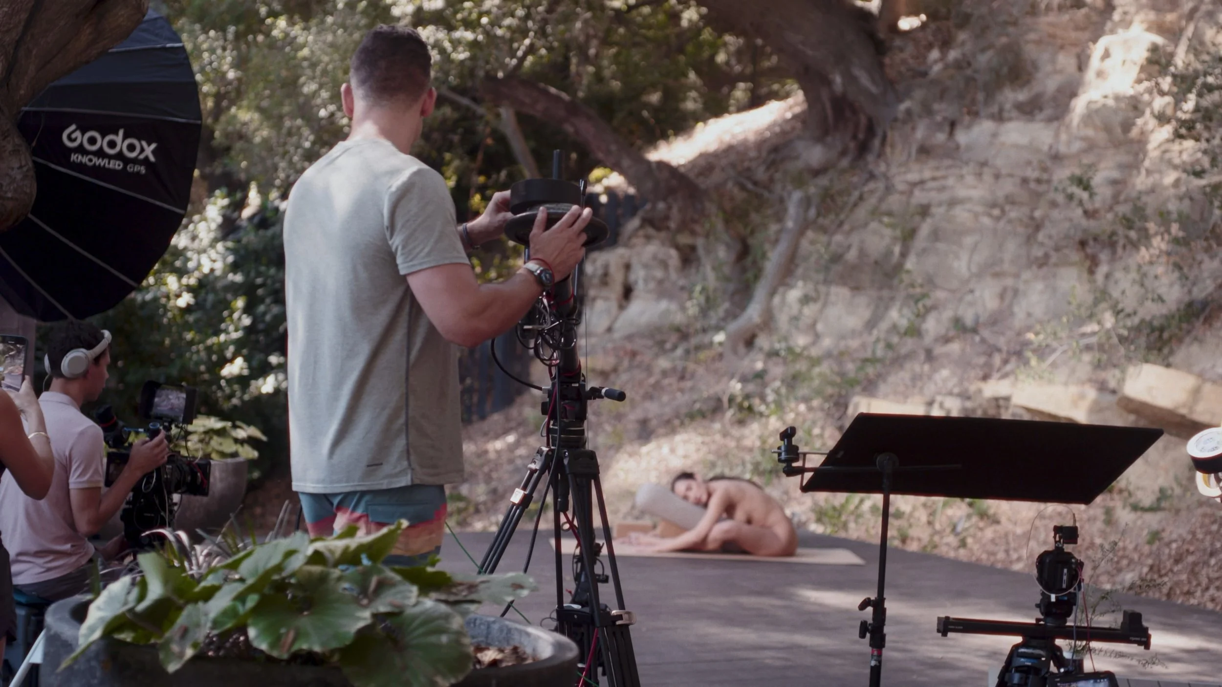 behind-the-scenes of a naked yoga shoot