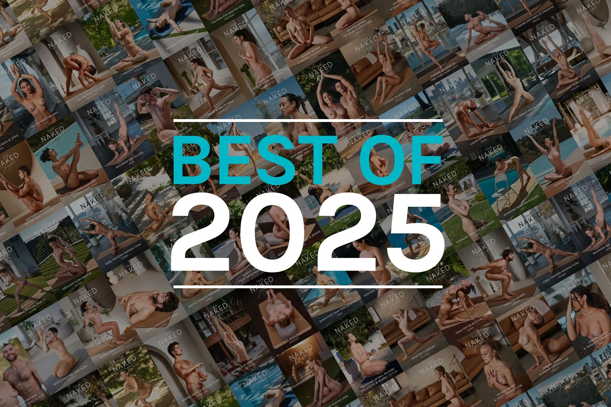 Grid of video cover images from True Naked Yoga 2025