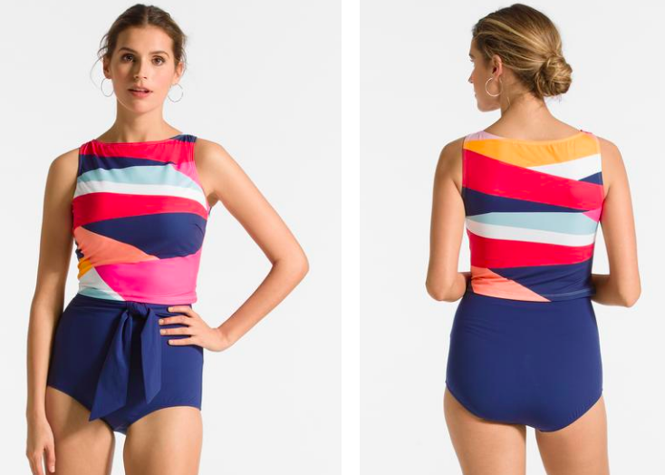 I know this one looks a little matronly at first glance, but I think it could look really cute on. Great two piece that looks like a one piece to not have as much tugging if you have a long torso. I would also suggest this one who wants a full coverage top. No worry of any cleavage of falling out of your top with this!
