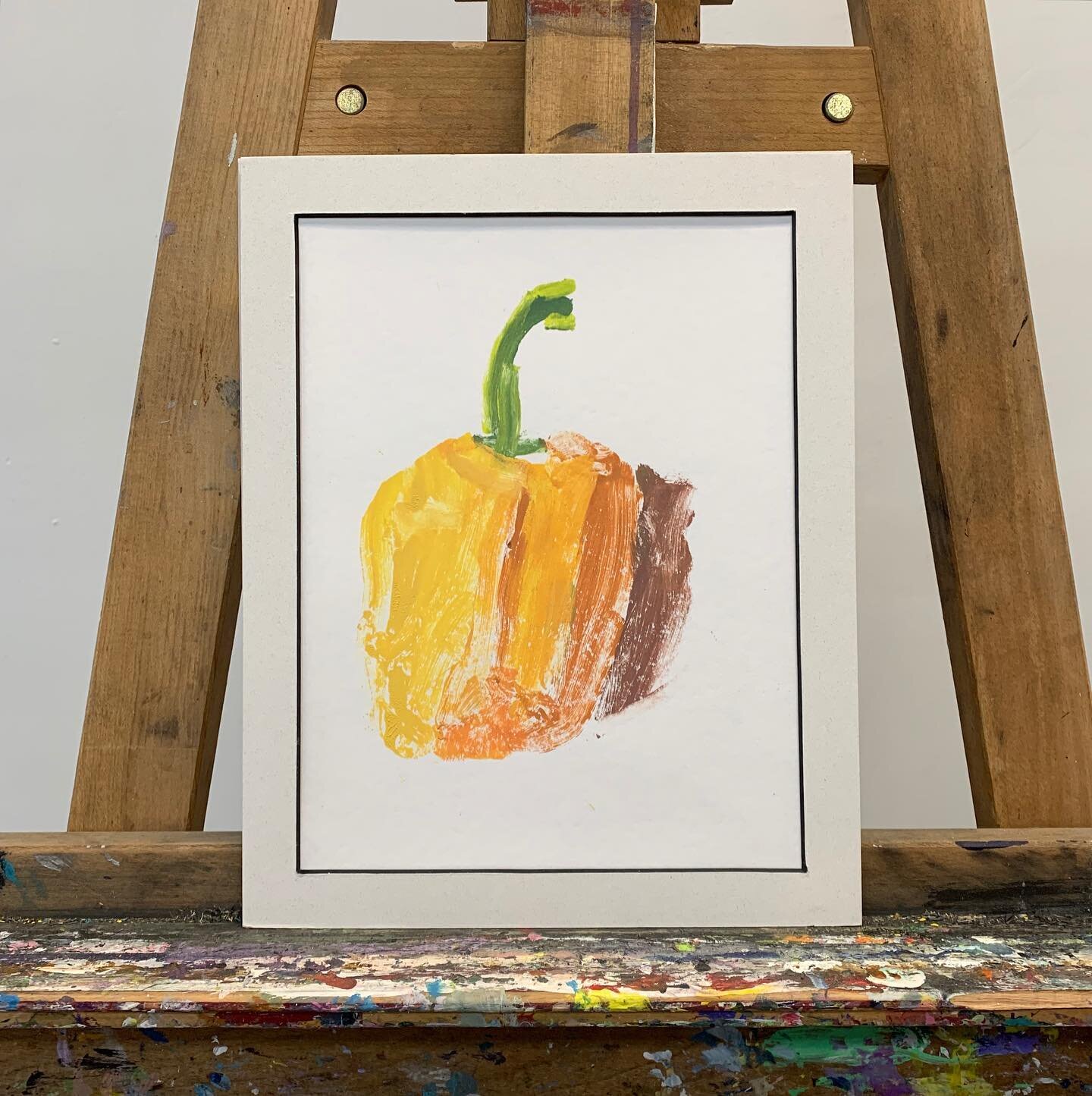&ldquo;Pumpkin Bell Pepper&rdquo; and &ldquo;Chili Pepper Mint&rdquo; acrylic mono prints on bristol. $25 each.
&bull;
Artist Aaron has made great strides since he started our program last year! With music being his primary passion and joke telling b