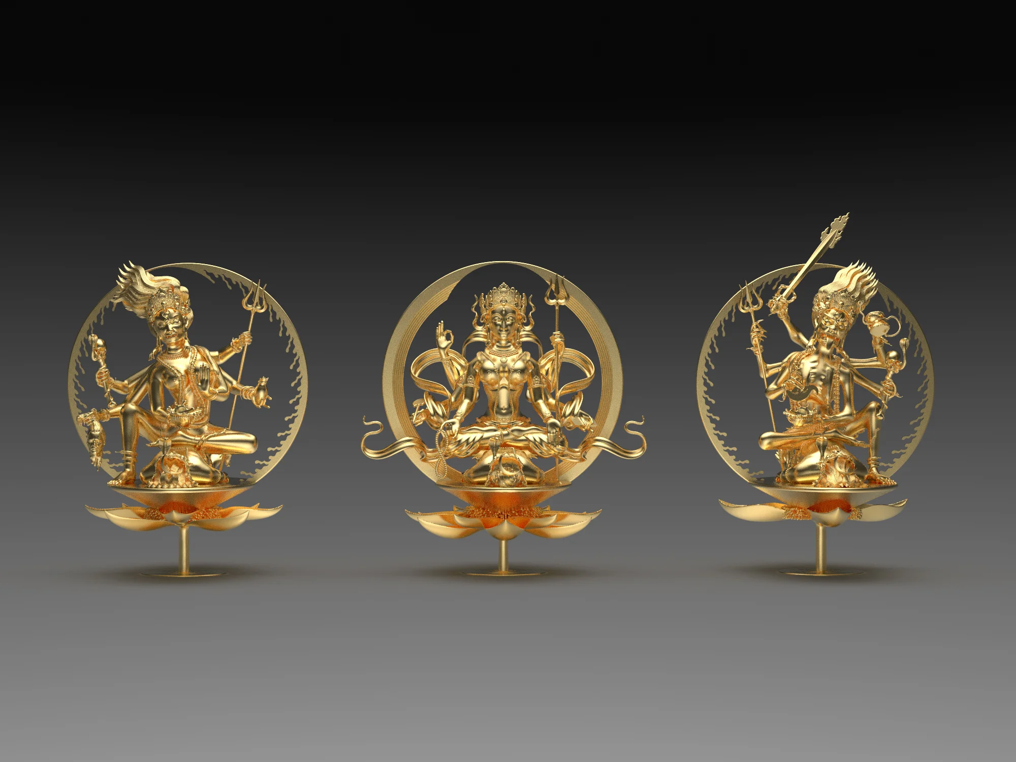 Parāparā, Parā, Aparā gold plated bronze variable dimensions From Parā Devī emanates all three of the Trika goddesses. They are the powers of Willing, Knowing and Action. ” The goddesses of the Trika symbolize the universal forces of Reality itself. While they may be cloaked in terminology and iconography associated with some religious systems, in truth these potencies of Consciousness, and the teachings around them, are not limited by or specific to any culture, religion or social understanding. Rather, they are revelations born of yogic experimentation, inspired perception of the all-embracing fabric of Reality itself, and of the universal functionality of that Reality. The process of engaging with the Shaiva Tantra tradition has nothing to do with any sort of external conventional practice of any religion whatsoever -- it is more akin to a scientific theory on the basis of which we build profound practical applications. The teachings of this tradition recognize that by aligning our individuality with the autonomous, free, self-guiding and self-regulating nature of Consciousness, a higher functioning capacity, greater insight, increased creativity and an ever deeper recognition of the bliss of the universe begins to take place within us.” ~ Paul Muller-Ortega