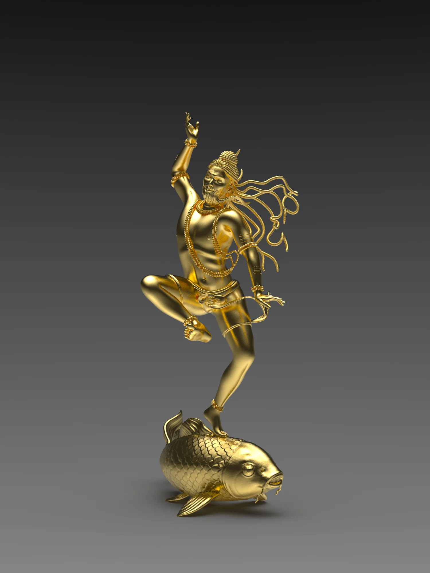 Matsyendranath gold plated bronze variable dimensions Despite the tantamount significance of Matsyendranath in the history of Yoga, surprisingly few sculptures of him still exist and little is commonly known about him in contemporary yoga communities. Matsyendranath is the Adi- guru (Source teacher) of Śaiva Tantra, said to have been taught the secrets of Yoga from Lord Śiva himself. Rājānaka Abhinavagupta, the ancient eminent scholar/yogin of Kashmir, in his most significant written work the Tantrāloka , honours Matsyendranath as ‘The Father of Yoga’. Matsyendranath is mentioned by the author of the Haṭha Yoga Pradīpikā, Yogi Swātmarama, as one of the Great Siddhas, who destroyed the hold of the time through the power of Haṭha Yoga, and became able to traverse the Universe at will. In more recent times, Kriṣhṇamācārya, who taught and spread the form of yoga in the west commonly referred to as “modern postural yoga” claimed to have received direct transmission of sacred knowledge from a disembodied siddha called Nātha-muni whose lineage traces back to Matsyendranath. Likewise, in Ganeshpuri India, locals claim that Matsyendranath took bodily form in visions to the contemporary siddha Bhagawan Nityananda and transmitted to him the techniques and teachings of Kriya Yoga. Matsyendranath is estimated to have lived sometime between the 7th and 10th Century, in Assam. He is known by different names according to different scriptural sources: Matsyendranath, Matsyendranāth, Matsyendranātha, Matsyendra Nath, Matsyendra Nāth Matsyendra Natha, Matsyendra, Macchendra, Maccandanath, Maccandanātha, Macchindranāth, Machandar Nāth, Mīnapa, Mīna, Mīnapāda, Mīnanātha, Matsyangha, Māchlī Ghana, Macchaghnapāda, Macchendrapāda, Macchendapāda, Matsyendranāthapāda, Macchindranāthapāda – all names for one and the same.
