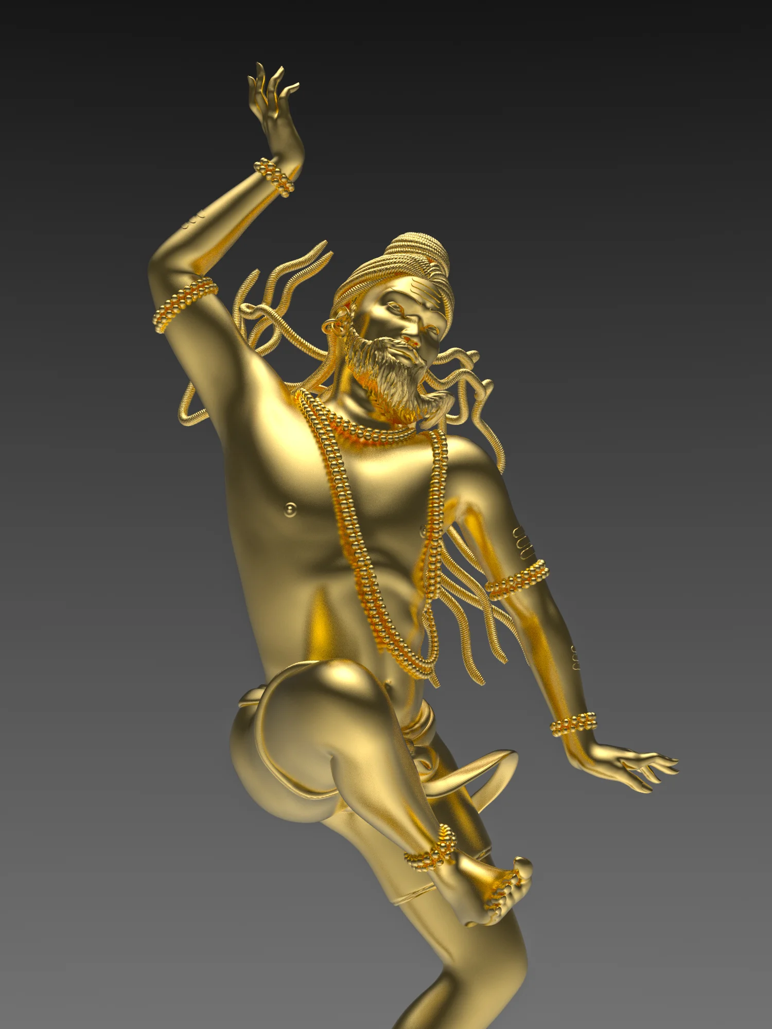 Matsyendranath gold plated bronze variable dimensions In the research for this work I studied many representations of the Mahāsiddhas, to get a sense of how they are traditionally portrayed. There were no existing sculptures of Matsyendranath, so a degree of improvisation and puzzling together was required. I have tried to portray the ecstatic dance that is so characteristic of Mahāsiddha representations throughout history. It is way of showing the fruition of their practice, their liberation, their innate unity with the very force of life itself, and their state of freedom which is beyond the limitation of sectarian religion, caste, sex, and social codes, beyond even the mind’s ability to comprehend their state. The Mahāsiddhas are completely free. It is said Matsyendranth was born in Assam, so I researched the facial features of males from that region to arrive at a likeness that at once approximates what he could have looked like, while at the same aligns with the style and iconographic tropes of the traditional Mahāsiddha imagery. I have decorated Matsyendranath with all hallmarks of a Śaivite Yogi. He has dreadlocks and he wears the rudrakśa beads around his neck and at the junction points of the nāḍī s on his body. He wears the thick earrings that are characteristic of the Nāth lineage. These earrings are ritually given to the disciple by the guru in the final stage of initiation. They are worn in the middle of the cochlea through a deep cut. It is said that splitting the ear in this way opens a specific nāḍī that assists in yogic attainment. The round earring is the symbol of closed space in a form. It also is the union of the Sun and the Moon energy. The Aipanthis of Haridwar say that Matsyendranath, when he began to learn yoga, saw that Śiva had his ears split and that he wore great rings. He longed to have similar ones himself. So pleased was Śiva with Matsyendranath’s worship of Him that his desire was granted, and Matsyendranath was then ordered to split the ears of all who became his disciples. In this sculpture Matsyendranath also has the tripundra on his head and arms. Tri means three, and pundra means one who is released. It is a mark of holy ash from the sacred fire, traced along the forehead. This is Śiva’s threefold power - will ( icchāśakti ), knowledge ( jñanaśakti) , and action ( kriyaśakti ). To those who apply it, it is a reminder of the spiritual aims in life, the truth that the body and material things shall someday become ash, and that liberation in this life is a worthy goal.