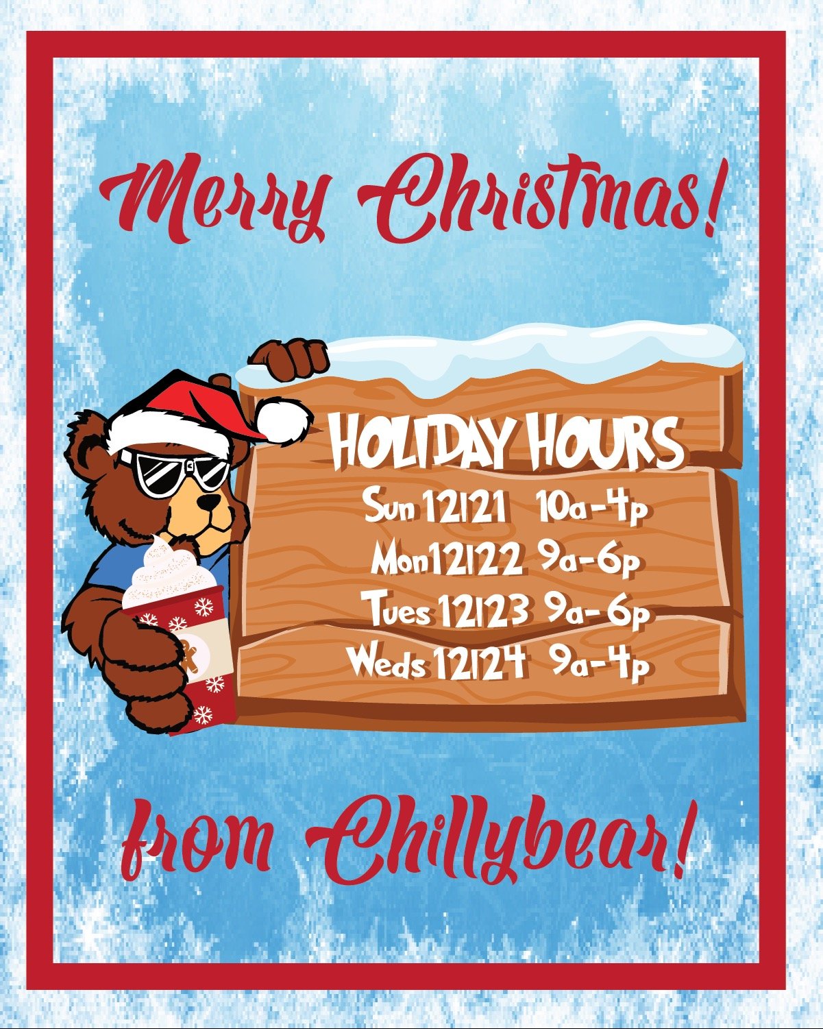 🎄🐻 Merry Christmas from Chillybear! 🐻🎄

Ho Ho Ho! 🎅 We&rsquo;re stocked and ready for the holidays with tons of great local gifts, toys, candy, and more!

🕒 Holiday Hours
	&bull;	Sunday 12/21: 10&ndash;4
	&bull;	Monday 12/22: 9&ndash;6
	&bull;	