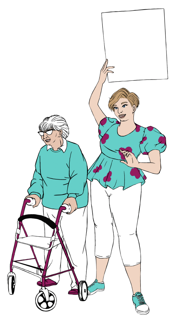 Ethel and her walker, with her friend Mary