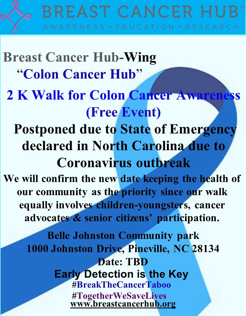 Breast Cancer Hub - Wing, "Colon Cancer Hub" 2 K Walk for Colon Cancer Awareness Postponed