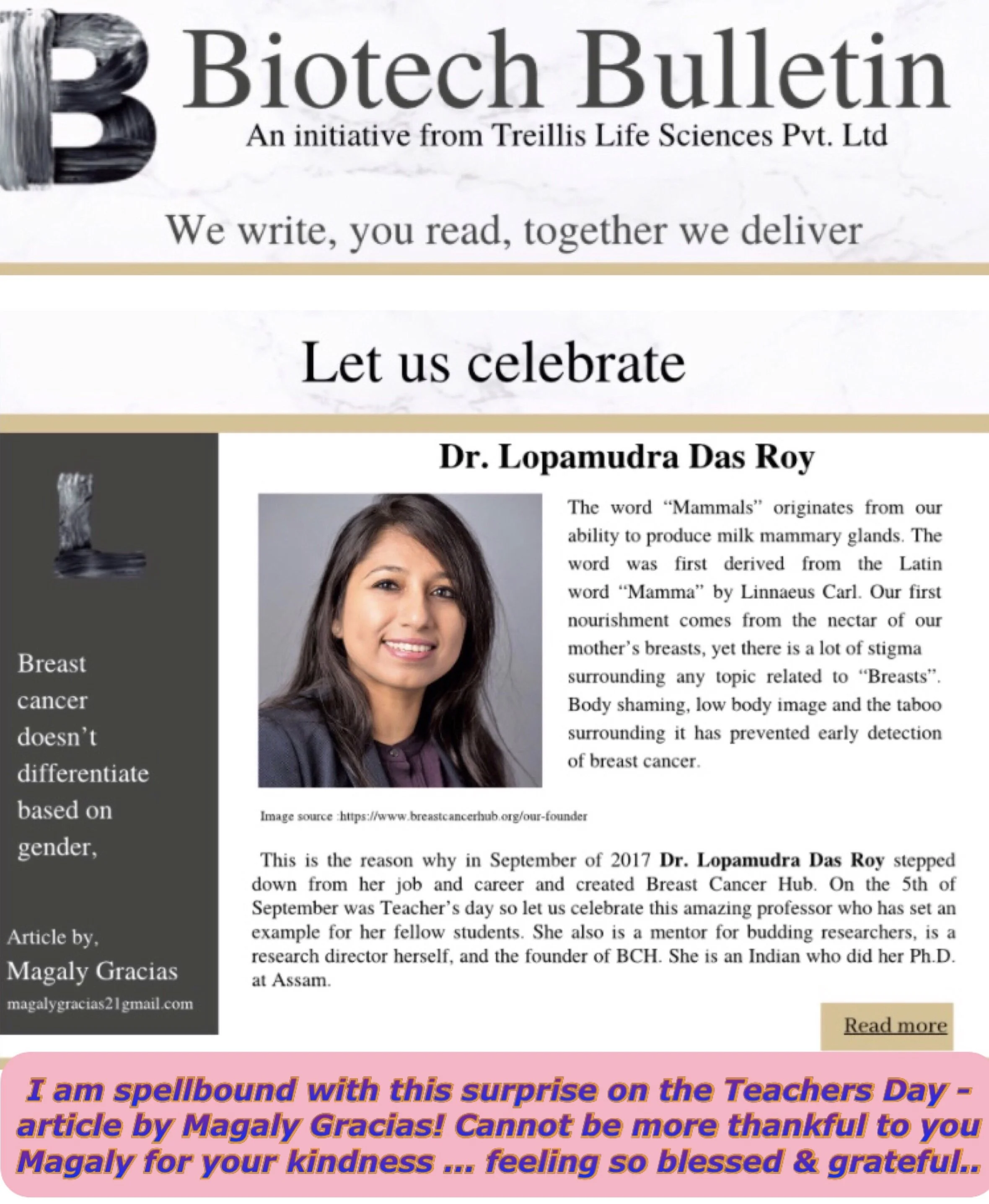 Dr Lopamudra Das Roy - Featured on Teachers Day, 2020 @Biotech Bulletin