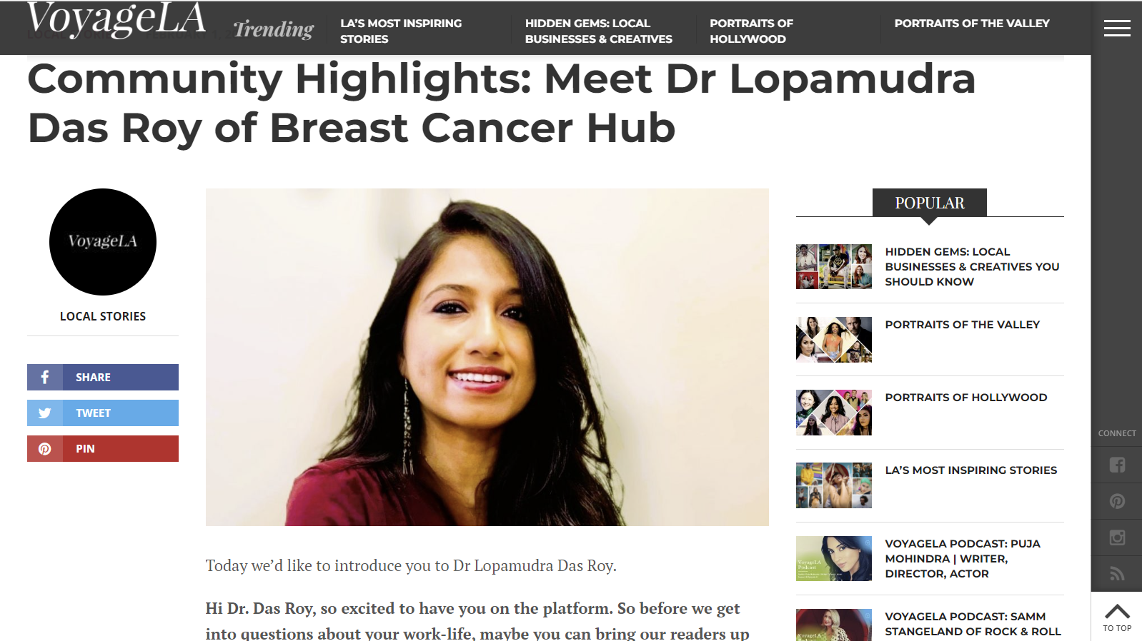 Dr Lopamudra Das Roy - Hidden Gems, Voyage LA Magazine — Breast Cancer Hub