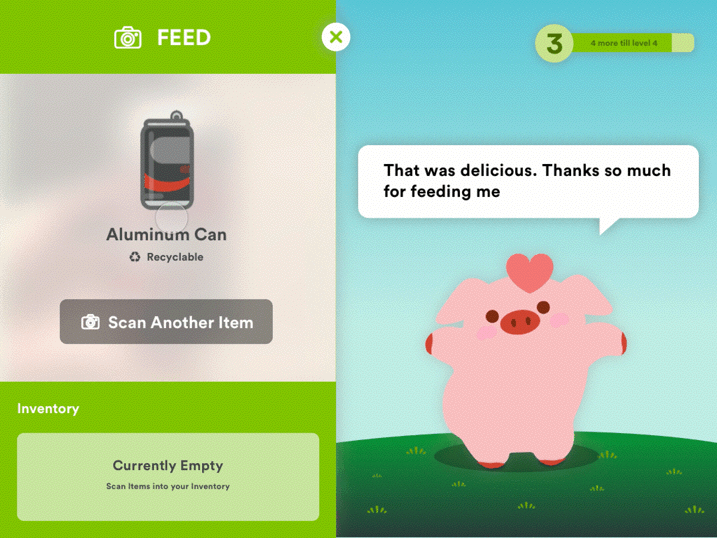 The pet's mood declines if fed non-recyclable material