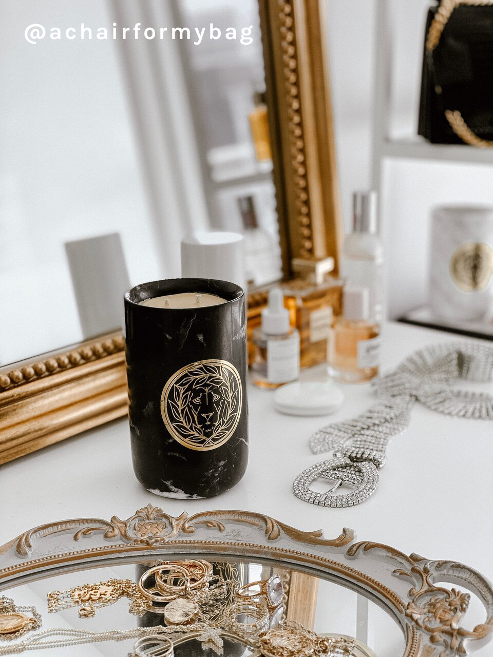 black candle on a white vanity, Luxury Fragrance Candles, Leone Collection