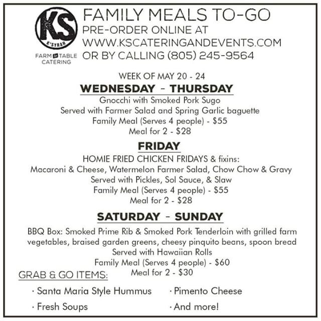 Here is this week's Meals To Go Menu! We welcome back &quot;Homie Fried Chicken Friday&quot; with our homies at @stolpmanvineyards Their wines will be available for sale at the Pop Up Wine Shop on Friday. It's going to be a beautiful week leading int