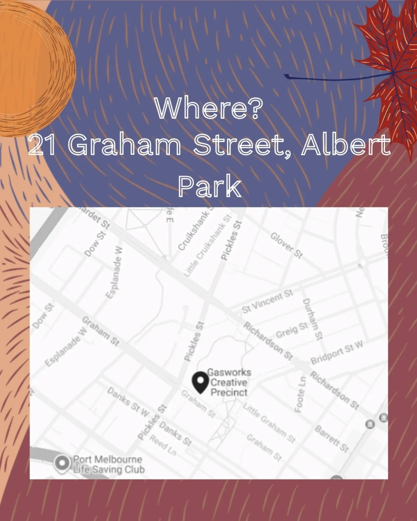 Save the date (and the map)! 📍

​Gasworks Night Market is happening at the Gasworks Creative Precinct&mdash;a beautiful pocket of nature and art right in the heart of Albert Park.

​Find us at 21 Graham Street this Saturday starting at 5 PM.
It&rsqu