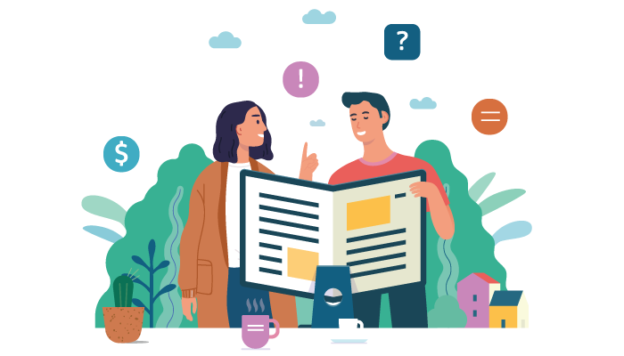 illustration of male and female collegues discussing report