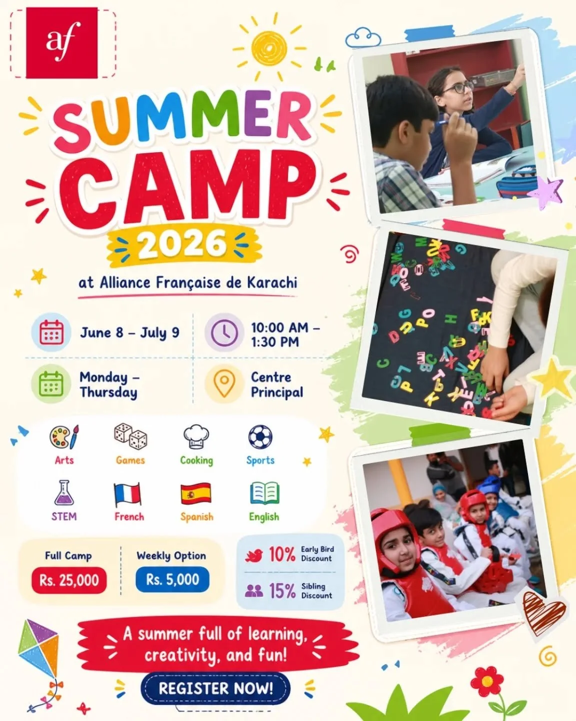 Looking for a productive way to keep your kids active this season? Alliance fran&ccedil;aise de Karachi is hosting an exciting Summer Camp for 2026, designed for children and teens ages 6 and above.

Our program offers a variety of activities to enga
