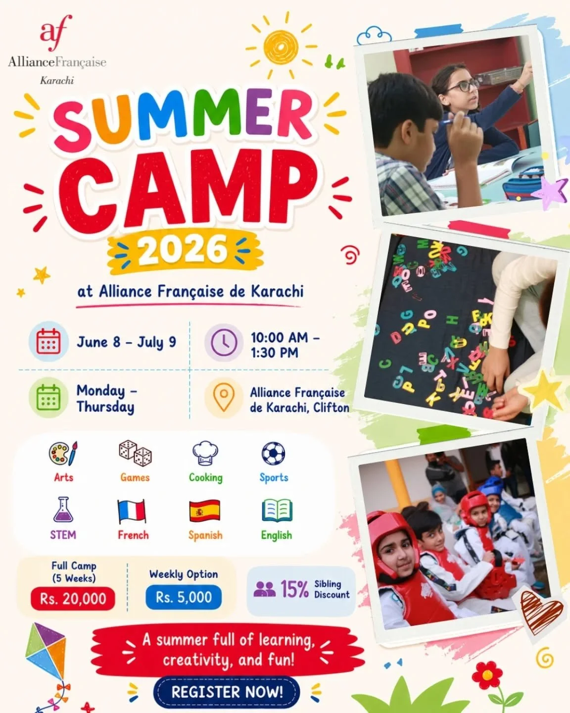 🌞 Give Your Child a Summer to Remember at the Alliance fran&ccedil;aise de Karachi! 🌞

Our summer camp combines creativity, movement, and language learning in a safe, vibrant environment. We offer a dynamic rotational schedule where every day bring