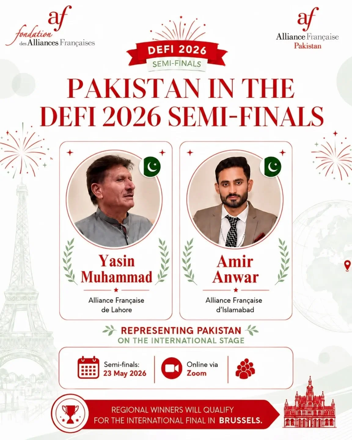 Huge congratulations to Yasin Muhammad from Alliance Fran&ccedil;aise de Lahore (@aflahore) and Amir Anwar Alliance Fran&ccedil;aise d'Islamabad (@afislamabad) for reaching the DEFI 2026 semi-finals!

We are incredibly proud to see you representing P