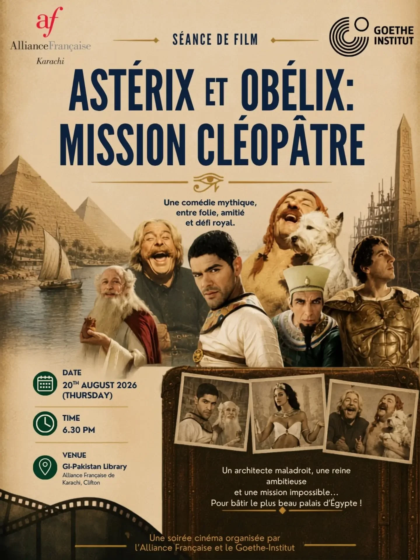 🎬 Welcome to the French-German Cine-club! 🇫🇷🇩🇪

Alliance Fran&ccedil;aise de Karachi, in collaboration with Goethe-Institut Pakistan, invites everyone to a screening of the iconic French comedy AST&Eacute;RICS ET OB&Eacute;LIX: MISSION CL&Eacute
