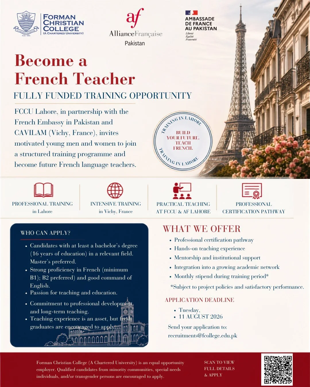 Become part of the next generation of French language teachers in Pakistan.

Apply now by scanning the QR code or visiting the careers section on our website.

Forman Christian College (A Chartered University), in partnership with the French Embassy 