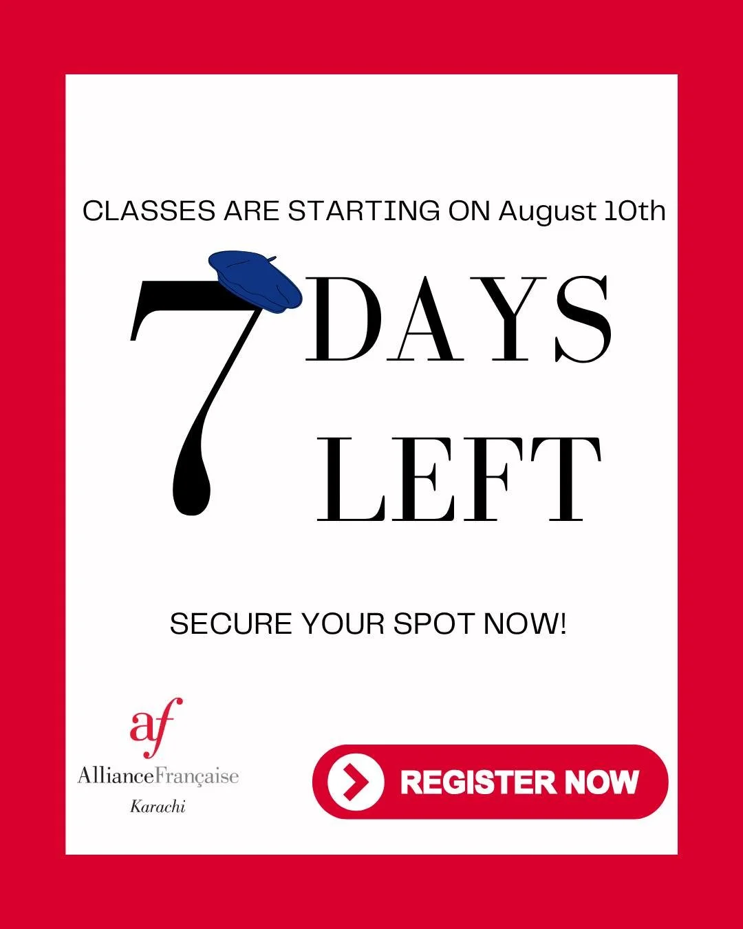 📢The countdown is on. New French classes begin on August 10th, leaving exactly one week to finalize your enrollment.

Head to the link in our bio to complete your registration online. For assistance, queries, or physical registrations, please get in