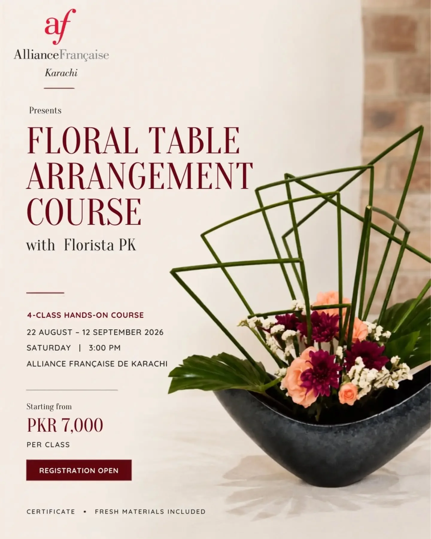 Discover the art of floral design with Florista PK at Alliance Fran&ccedil;aise de Karachi. 🌿💐

Join Sabra Tufail&mdash;founder of Florista PK, professional landscaper, floral designer, certified Ikenobo Ikebana instructor, and an award-winning art