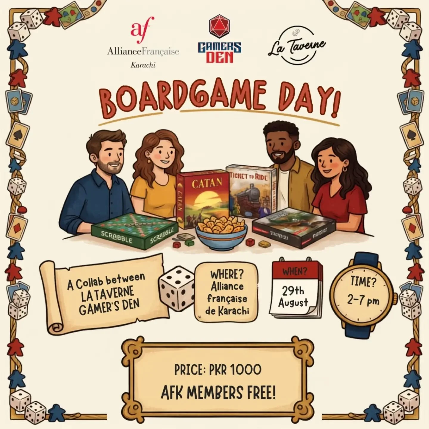 🎲 Roll the dice and make your move!

Alliance Fran&ccedil;aise de Karachi, Gamer&rsquo;s Den, and La Taverne are bringing you an epic Boardgame Day! ♟️✨

Bring your tabletop strategy, challenge your friends, and dive into classics like Catan, Scrabb