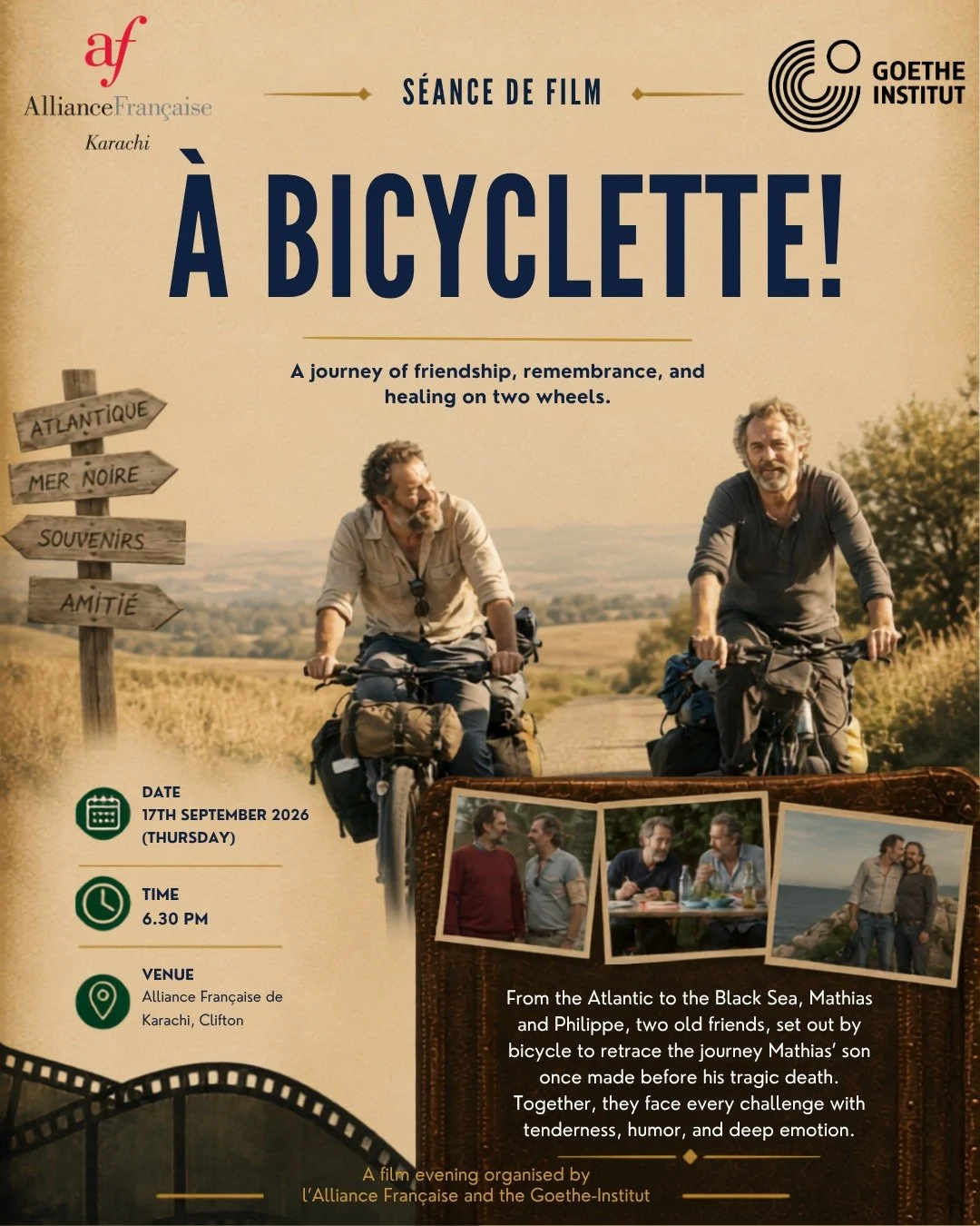 🎬 Welcome to the French-German Cine-club! 🇫🇷🇩🇪

Alliance Fran&ccedil;aise de Karachi, in collaboration with Goethe-Institut Pakistan, invites everyone to a screening of the heartfelt French dramatic comedy &Agrave; BICYCLETTE! Follow two old fri