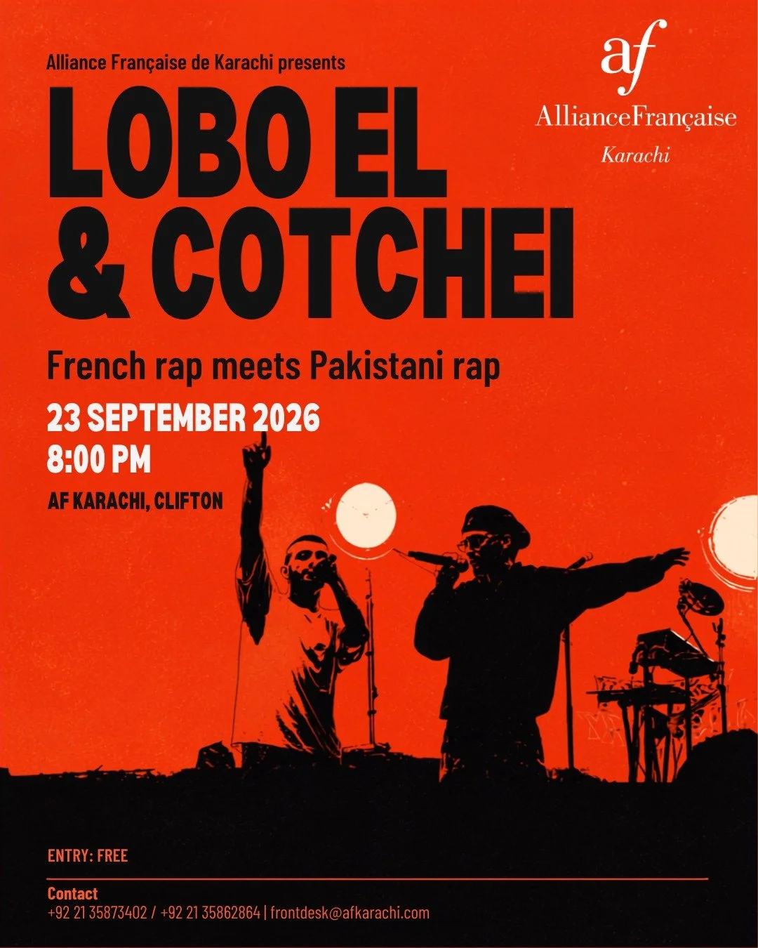 🎤 French rap meets Pakistani rap.

Get ready for an evening of freestyle, improvisation and live hip-hop as Lobo EL (@loboloboel) &amp; Cotchei (@cotchei_) take the stage at Alliance Fran&ccedil;aise de Karachi, along with a special guest! 

Coming 